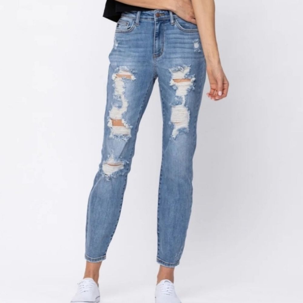 Judy‎ Blue Boyfriend Fit Distressed Ripped High Rise Jeans Blue Size 7/28
